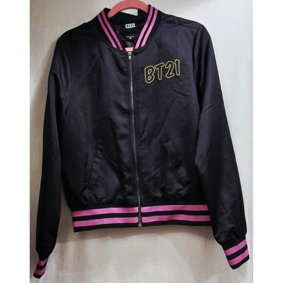 BT21 Black Pink Neon Women’s Bomber Jacket Double Sided Pockets Medium EUC - Picture 2 of 9